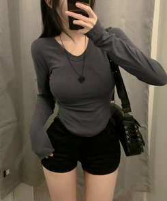 ベーシッVネック長袖Tシャツ(6color) CHARCOAL