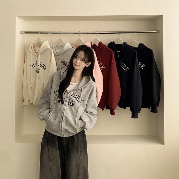 刺繍ポイントレタリングフードジップアップ(7color) GREY