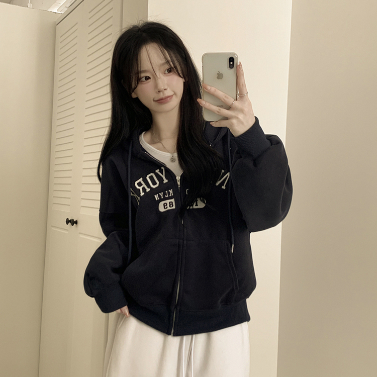 刺繍ポイントレタリングフードジップアップ(7color) BLACK