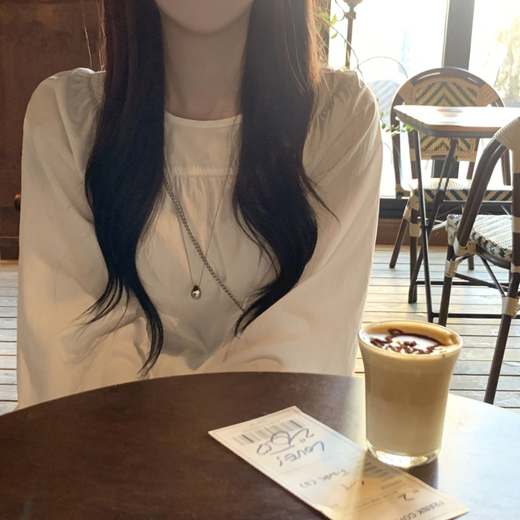 레이어드 퓨어 라운드 캉캉 셔링 프릴 허리리본 스트링 긴팔 벌룬 블라우스 봄신상 화이트