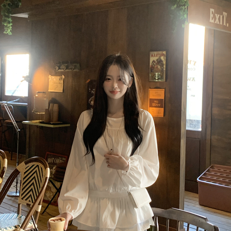 레이어드 퓨어 라운드 캉캉 셔링 프릴 허리리본 스트링 긴팔 벌룬 블라우스 봄신상 화이트
