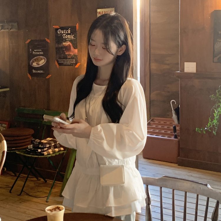 레이어드 퓨어 라운드 캉캉 셔링 프릴 허리리본 스트링 긴팔 벌룬 블라우스 봄신상 화이트