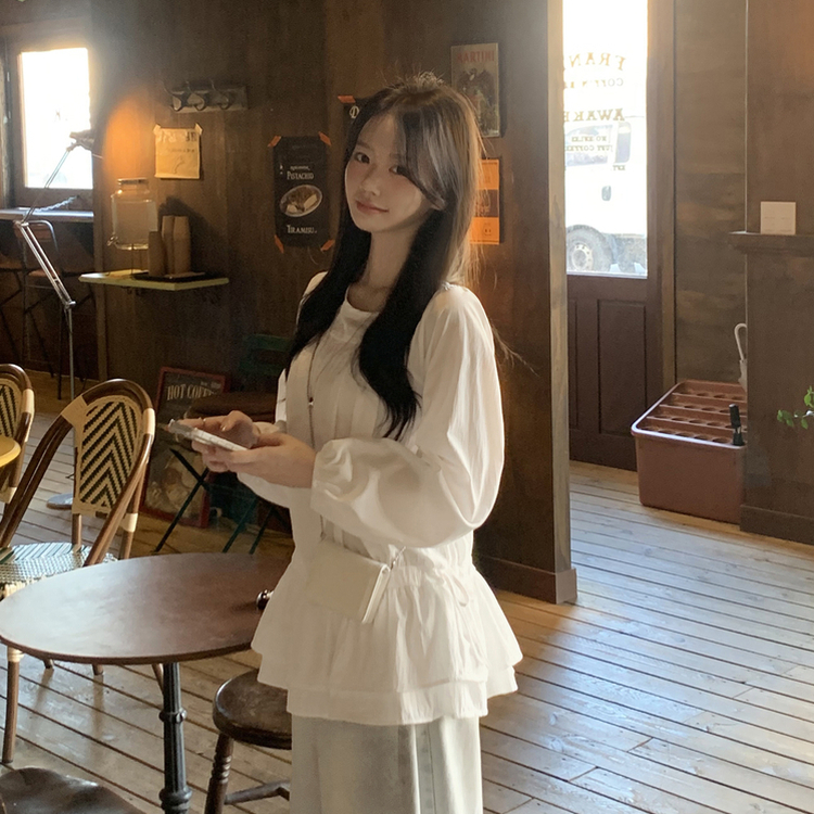 레이어드 퓨어 라운드 캉캉 셔링 프릴 허리리본 스트링 긴팔 벌룬 블라우스 봄신상 화이트