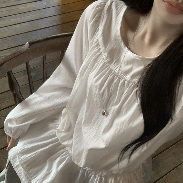 레이어드 퓨어 라운드 캉캉 셔링 프릴 허리리본 스트링 긴팔 벌룬 블라우스 봄신상 화이트
