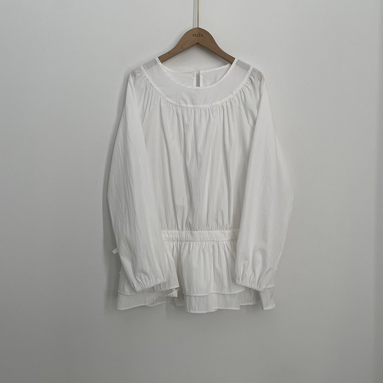 레이어드 퓨어 라운드 캉캉 셔링 프릴 허리리본 스트링 긴팔 벌룬 블라우스 봄신상