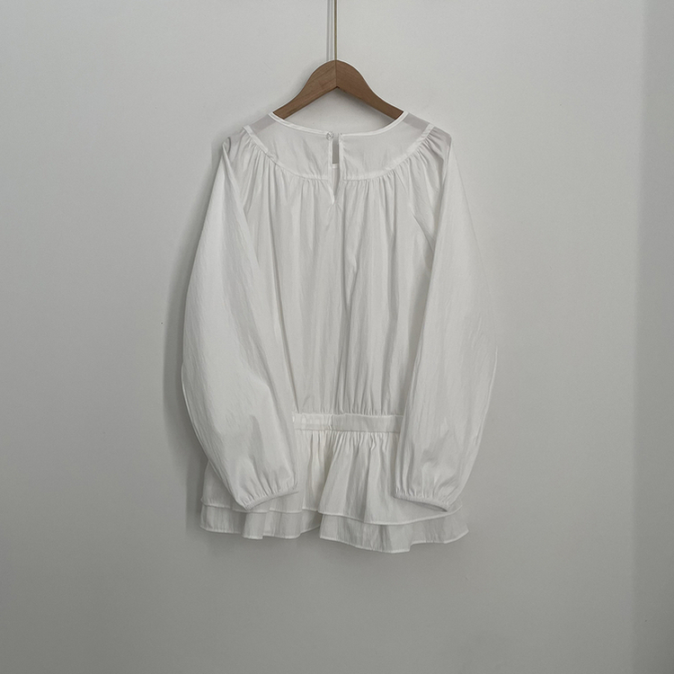 레이어드 퓨어 라운드 캉캉 셔링 프릴 허리리본 스트링 긴팔 벌룬 블라우스 봄신상