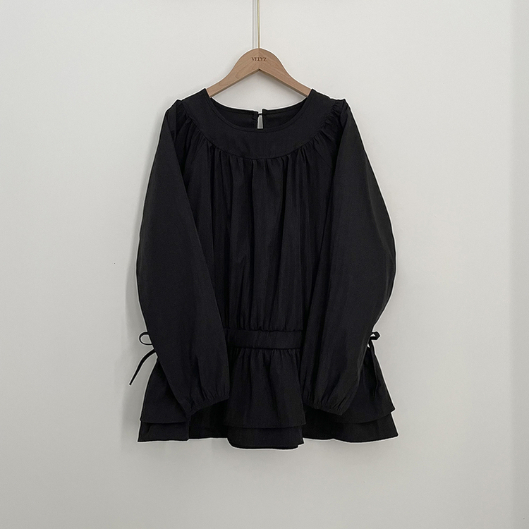 레이어드 퓨어 라운드 캉캉 셔링 프릴 허리리본 스트링 긴팔 벌룬 블라우스 봄신상