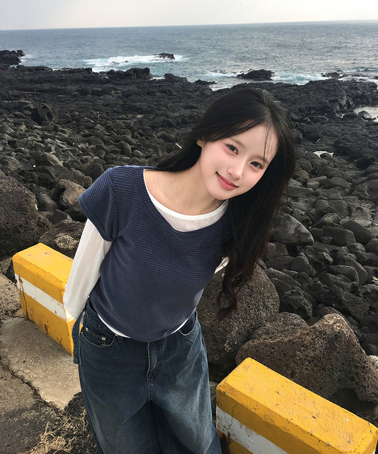 ストライプレイヤードTシャツ BLUE