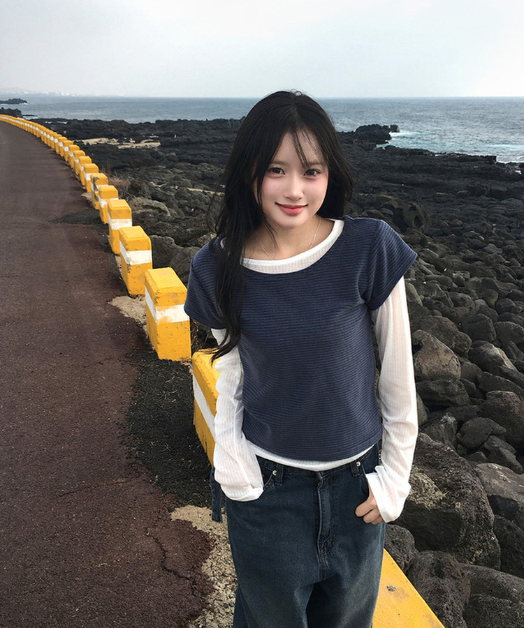 ストライプレイヤードTシャツ BLUE