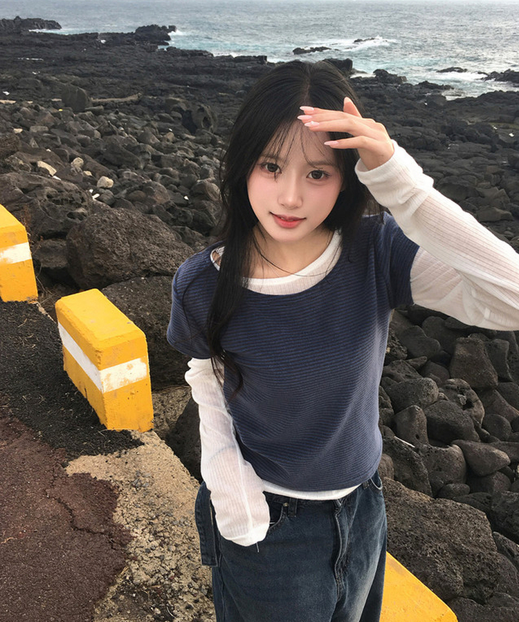 ストライプレイヤードTシャツ BLUE