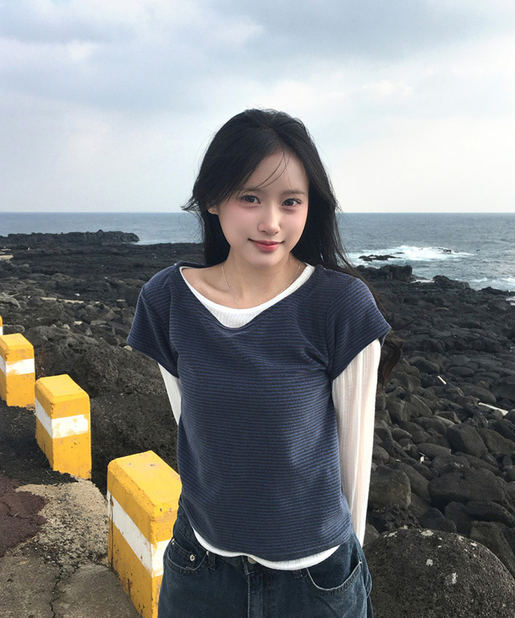 ストライプレイヤードTシャツ BLUE