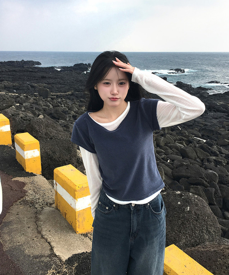 ストライプレイヤードTシャツ BLUE