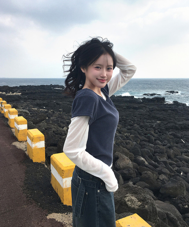 ストライプレイヤードTシャツ BLUE