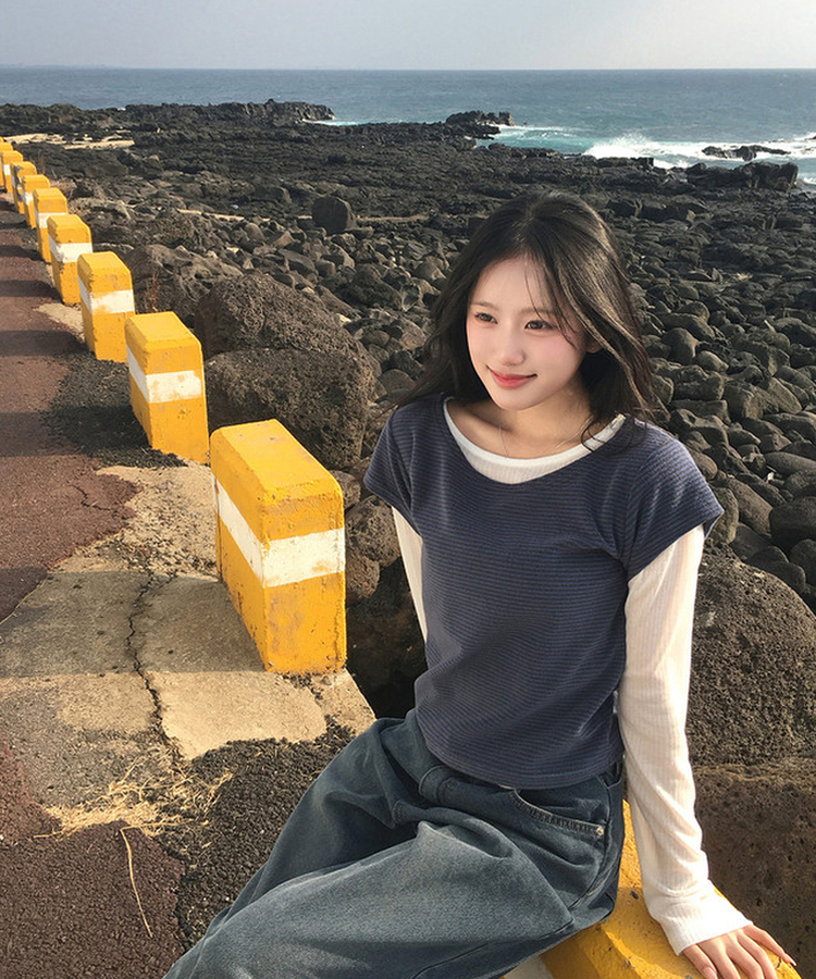 ストライプレイヤードTシャツ BLUE