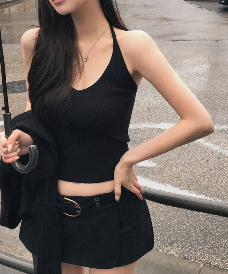 【SET】ホルターネックキャミソール＋カーディガン BLACK