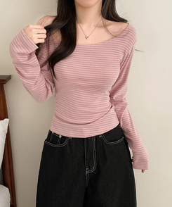 ボーダーオフショル長袖Tシャツ PINK