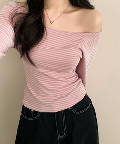 ボーダーオフショル長袖Tシャツ PINK