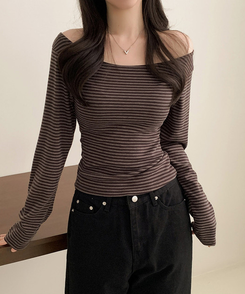 ボーダーオフショル長袖Tシャツ BROWN