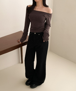 ボーダーオフショル長袖Tシャツ BROWN