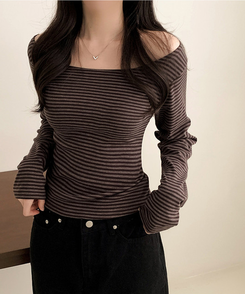 ボーダーオフショル長袖Tシャツ BROWN