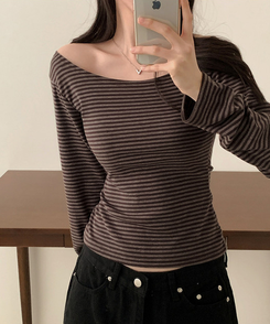 ボーダーオフショル長袖Tシャツ BROWN
