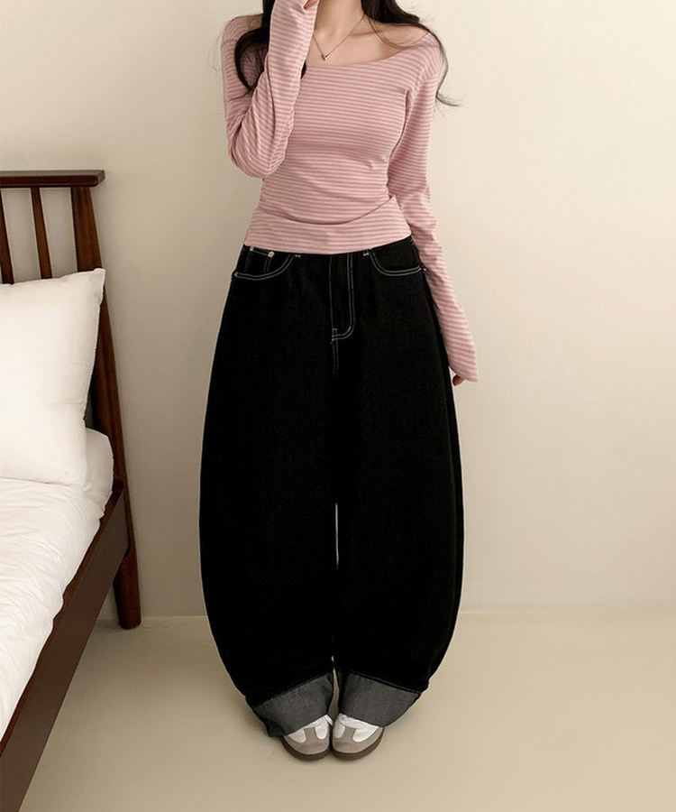 ボーダーオフショル長袖Tシャツ PINK