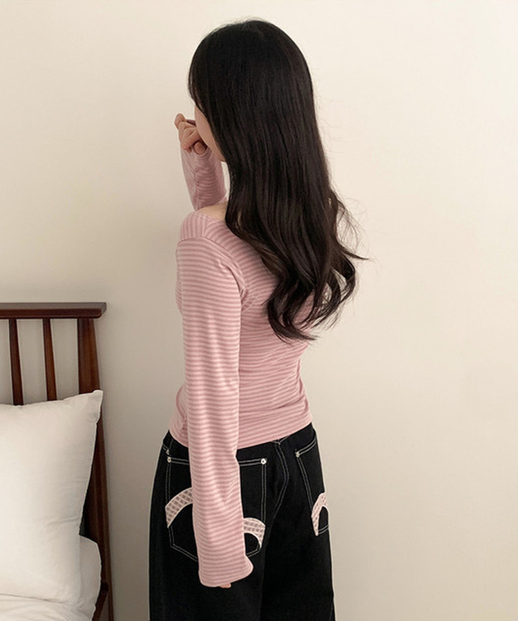 ボーダーオフショル長袖Tシャツ PINK