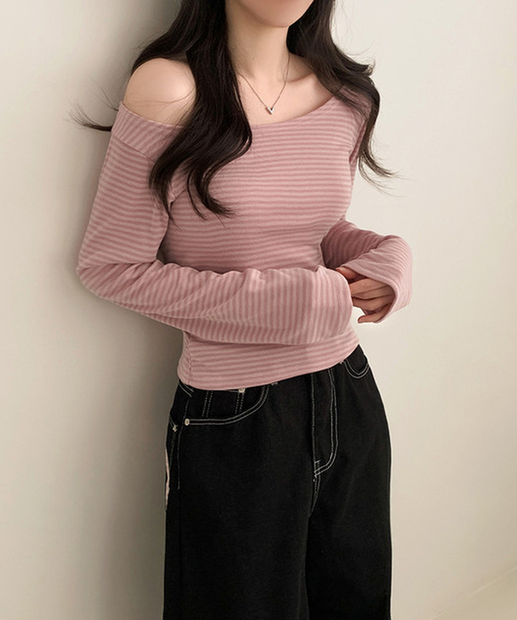 ボーダーオフショル長袖Tシャツ PINK