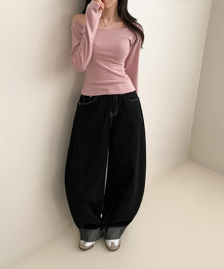 ボーダーオフショル長袖Tシャツ PINK