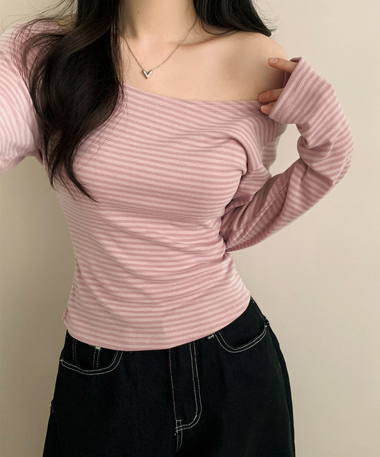 ボーダーオフショル長袖Tシャツ PINK