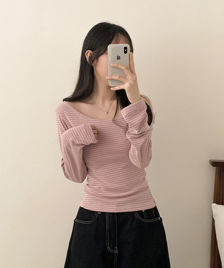 ボーダーオフショル長袖Tシャツ PINK