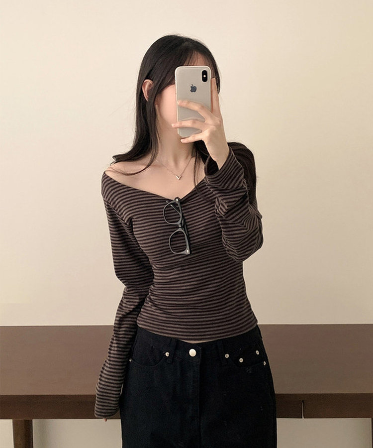 ボーダーオフショル長袖Tシャツ BROWN