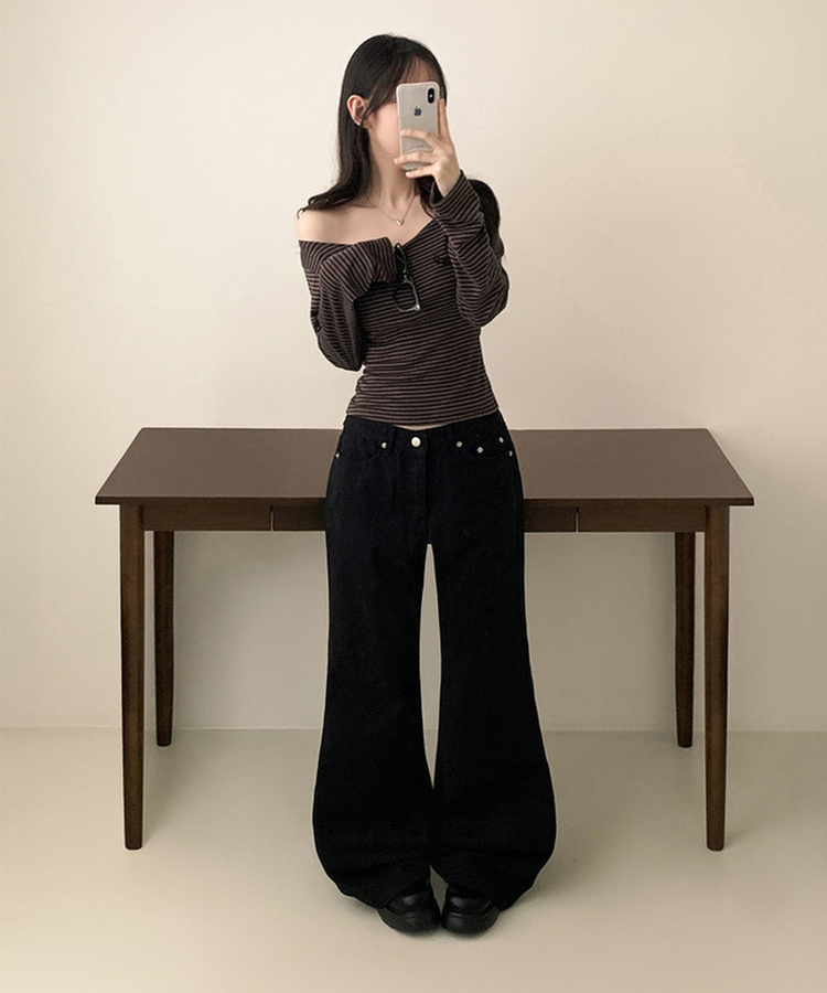 ボーダーオフショル長袖Tシャツ BROWN