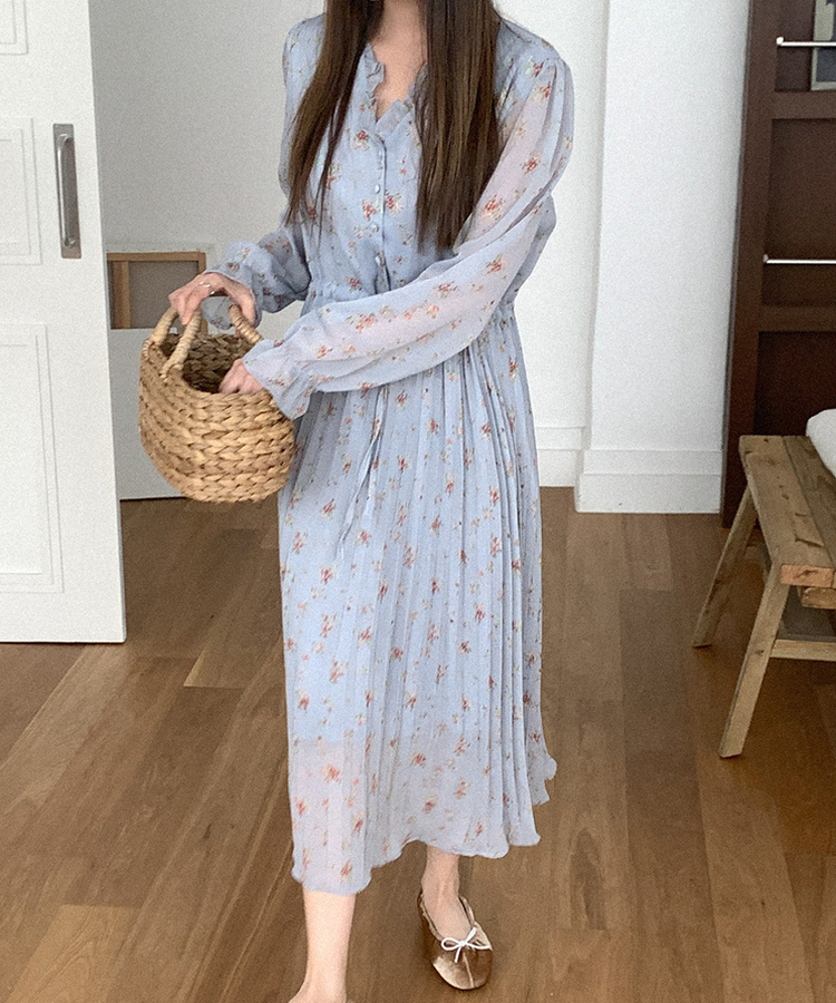 フラワープリーツロングワンピース SKY BLUE