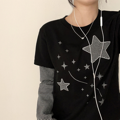 星パッチストライプレイヤードTシャツ BLACK