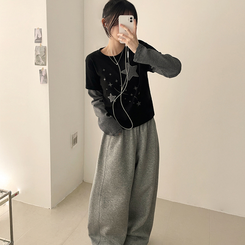 星パッチストライプレイヤードTシャツ BLACK