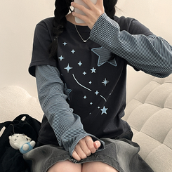 星パッチストライプレイヤードTシャツ CHARCOAL