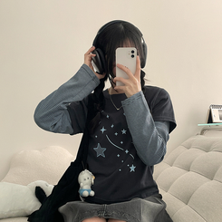 星パッチストライプレイヤードTシャツ CHARCOAL