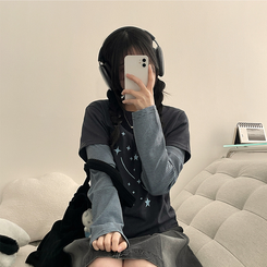 星パッチストライプレイヤードTシャツ CHARCOAL