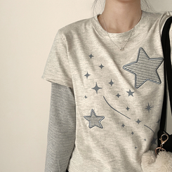 星パッチストライプレイヤードTシャツ OATMEAL