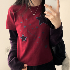 星パッチストライプレイヤードTシャツ WINE