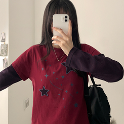 星パッチストライプレイヤードTシャツ WINE