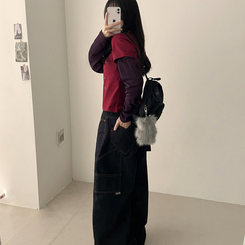 星パッチストライプレイヤードTシャツ WINE