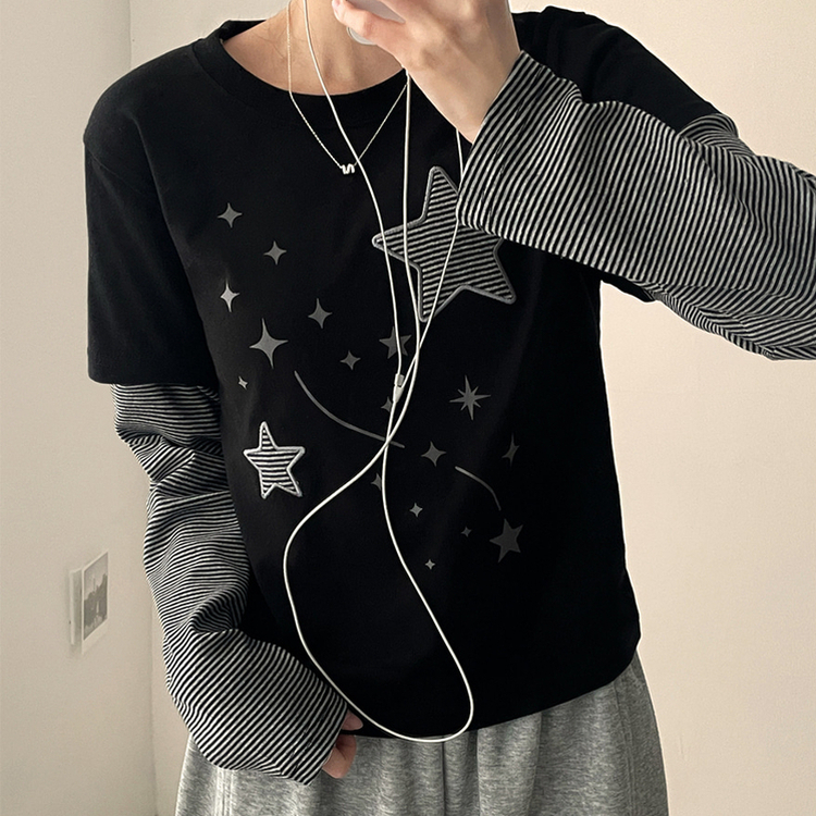 星パッチストライプレイヤードTシャツ BLACK