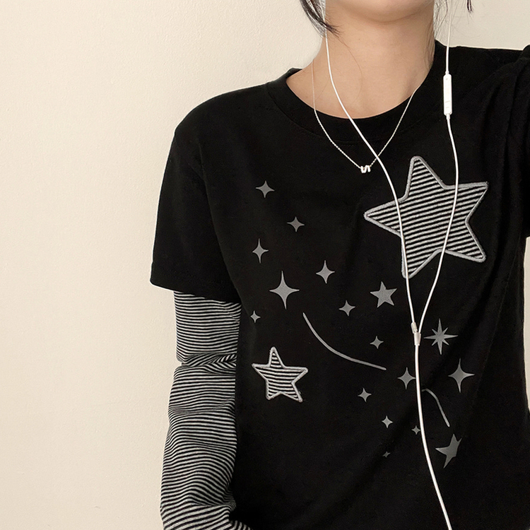 星パッチストライプレイヤードTシャツ BLACK