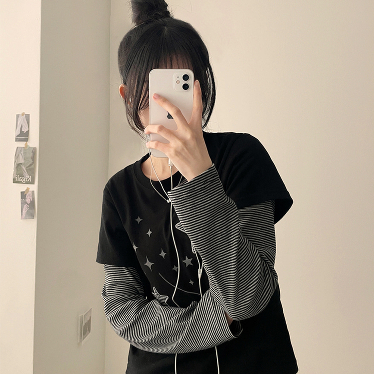 星パッチストライプレイヤードTシャツ BLACK