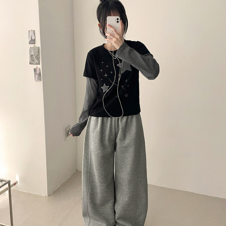 星パッチストライプレイヤードTシャツ BLACK