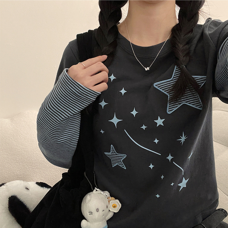 星パッチストライプレイヤードTシャツ CHARCOAL