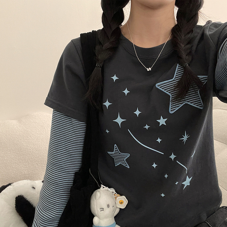 星パッチストライプレイヤードTシャツ CHARCOAL