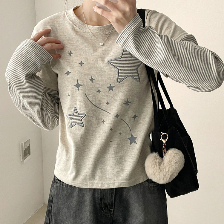 星パッチストライプレイヤードTシャツ OATMEAL